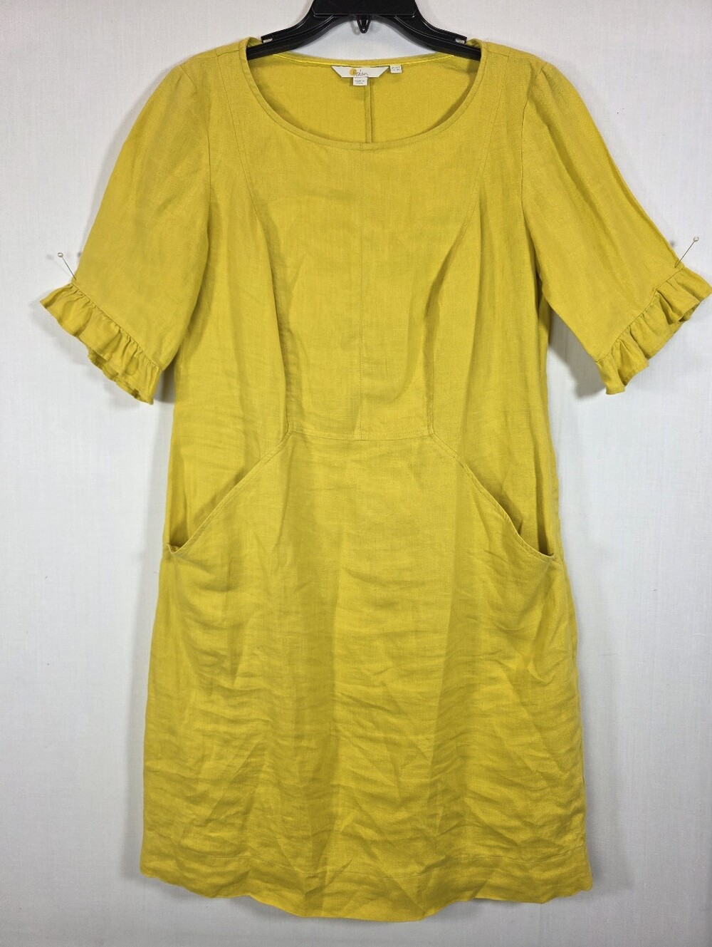 Boden 100% Linen Ruffle Sleeve Pocket Dress Muted Yellow US 8R